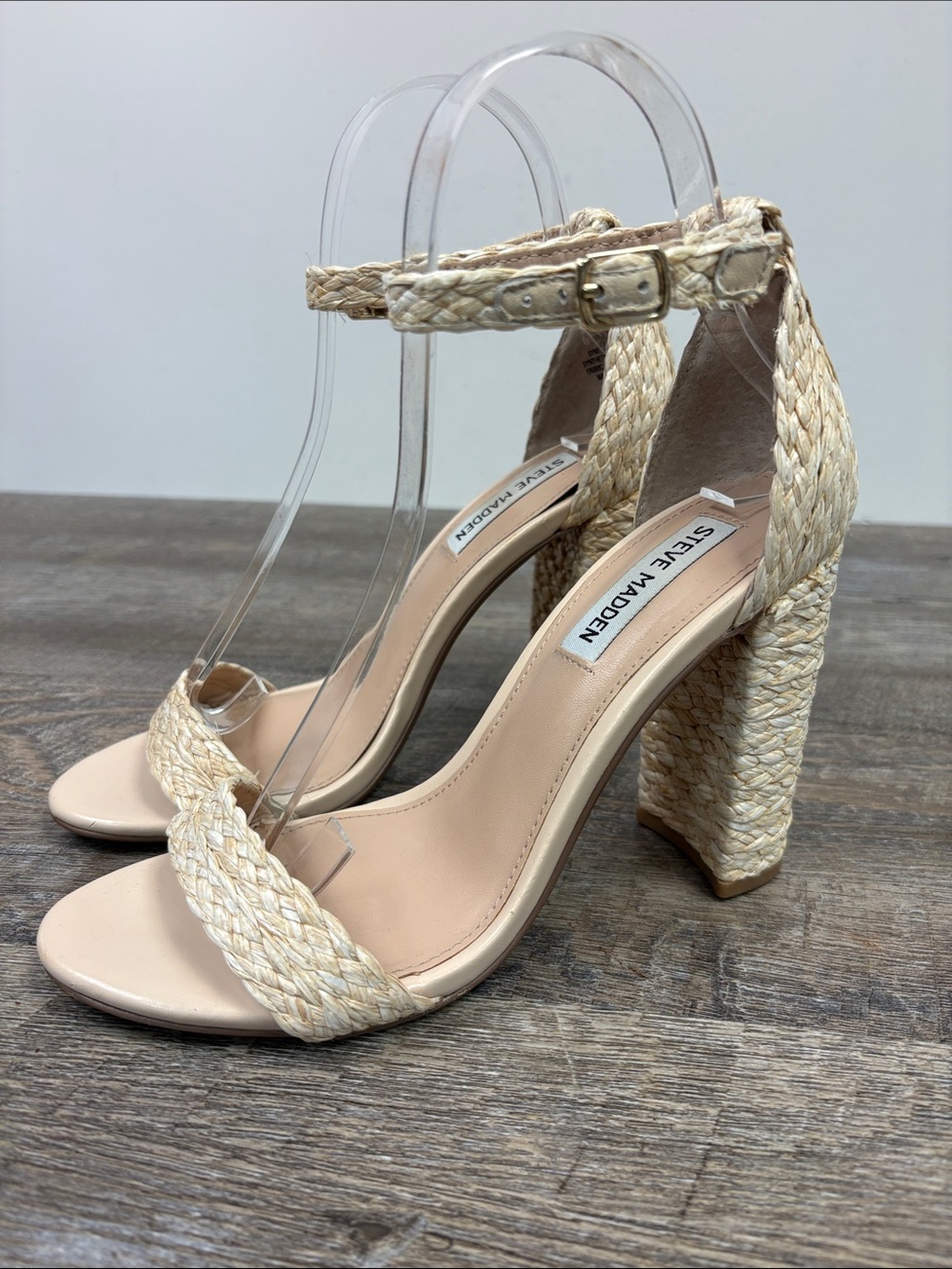 Steve Madden Carrson Natural Raffia Block Heel Ankle Strap Sandals Size 8